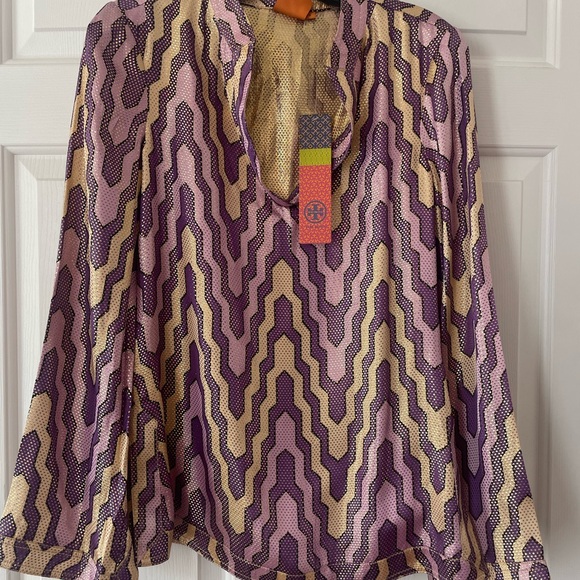 Tory Burch size 6 purple metallic woman’s long sleeve tunic top blouse new - Picture 3 of 8